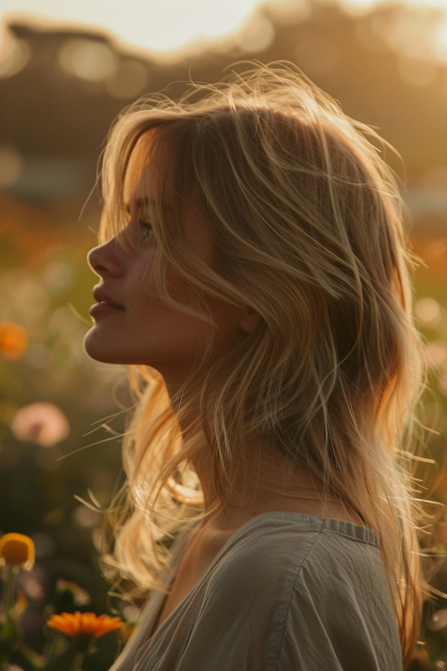 24 years old woman with a Face-Framing Layers, make a photosession in a flower field.