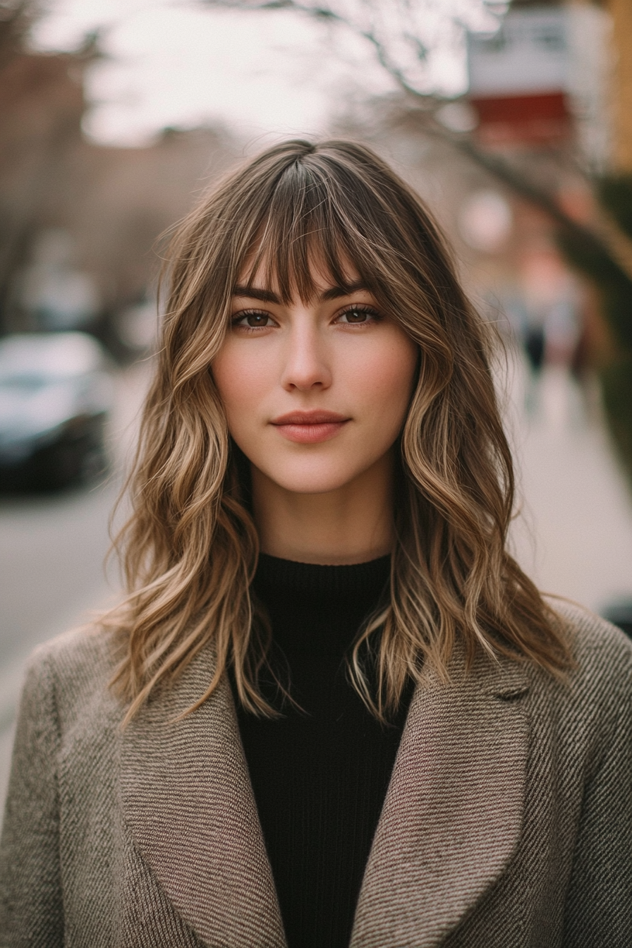 31 years old woman with a Textured Tousle with a Modern Twist, make a photosession on a quiet city street with clean sidewalks and a few trees.