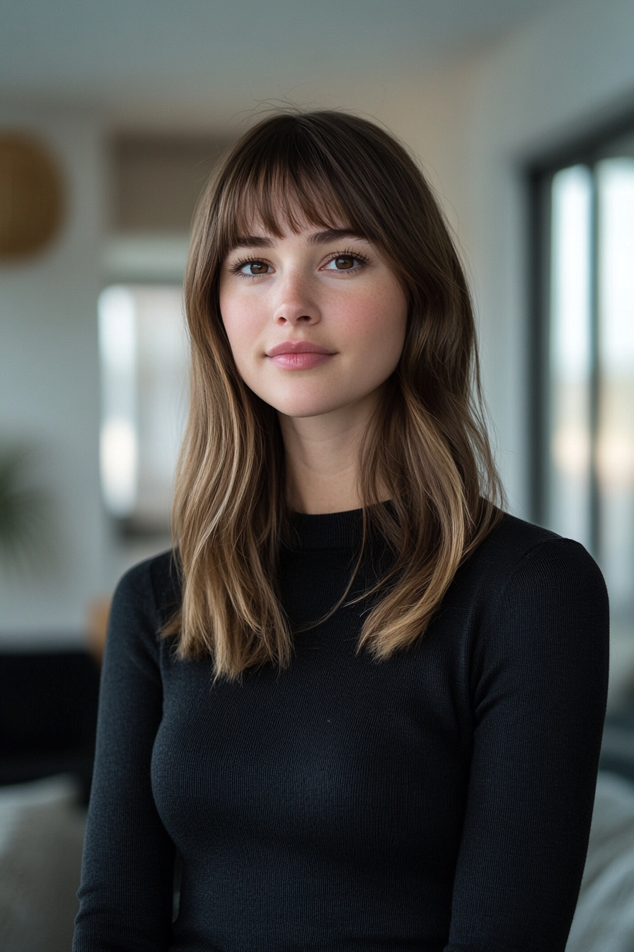 27 years old woman with an Easy Straight Lob with Fine Wispy Bangs, make a photosession in a simple modern living room with large windows and natural light.