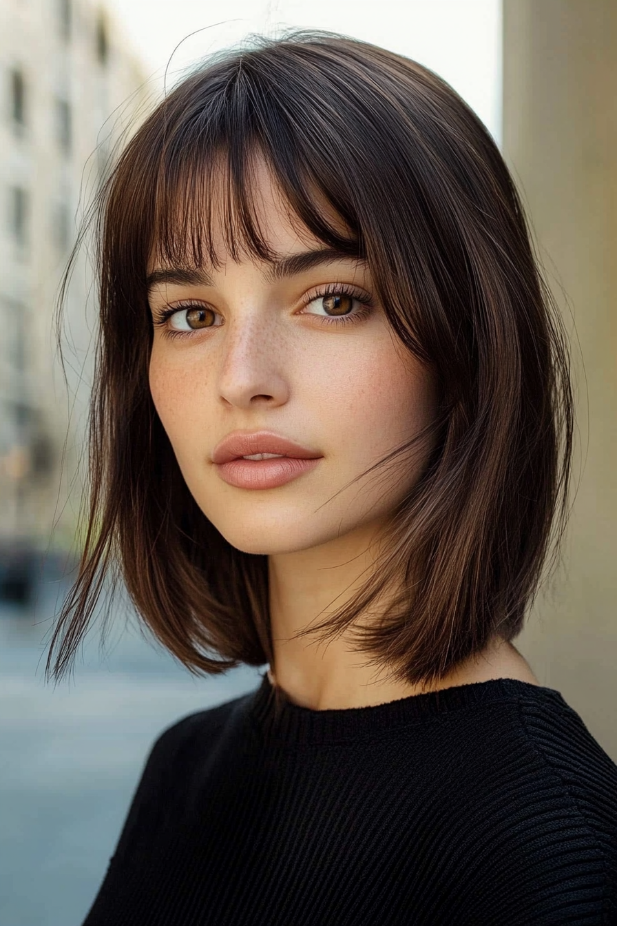 30 years old woman with a Modern Edge in Urban Chic haircut, make a photosession in a modern urban plaza with tall buildings and soft light.