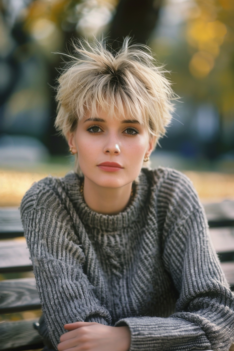 28 years old woman with a Short Tapered Shag, make a photosession in a park.