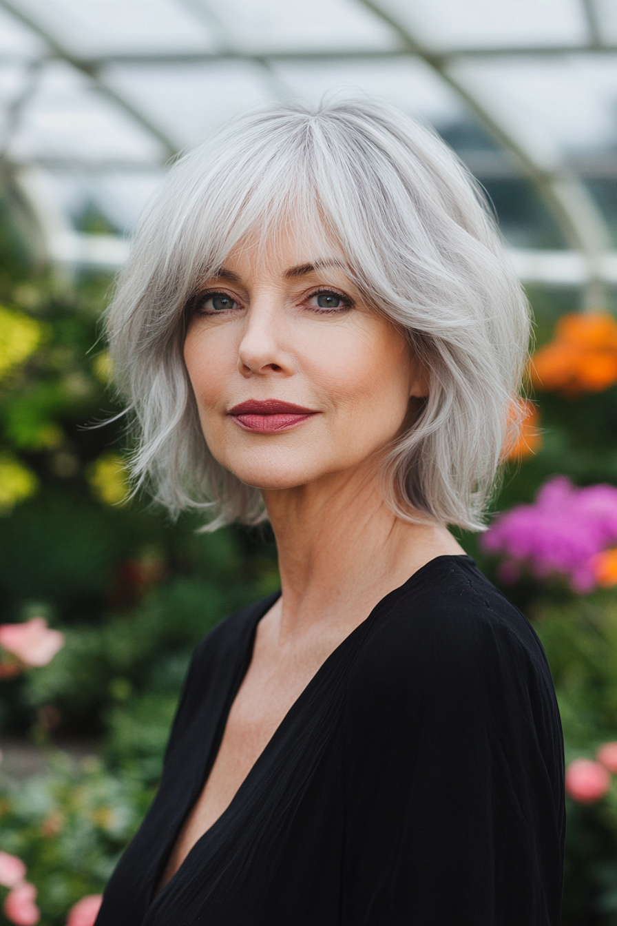 52 years old woman with a Chic Mid-Length Cut with Side-Swept Bangs for Women Over 50, make a photosession in a peaceful garden with vibrant flowers and a clear blue sky.