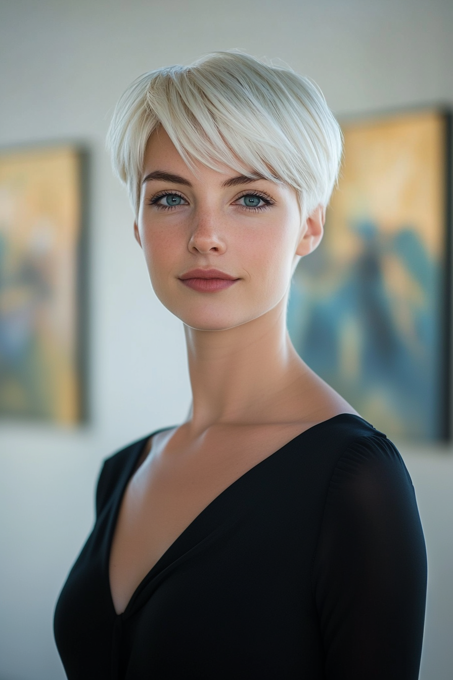 32 years old woman with a Platinum Pixie, make a photosession in a modern art gallery with large windows and minimalist decor.