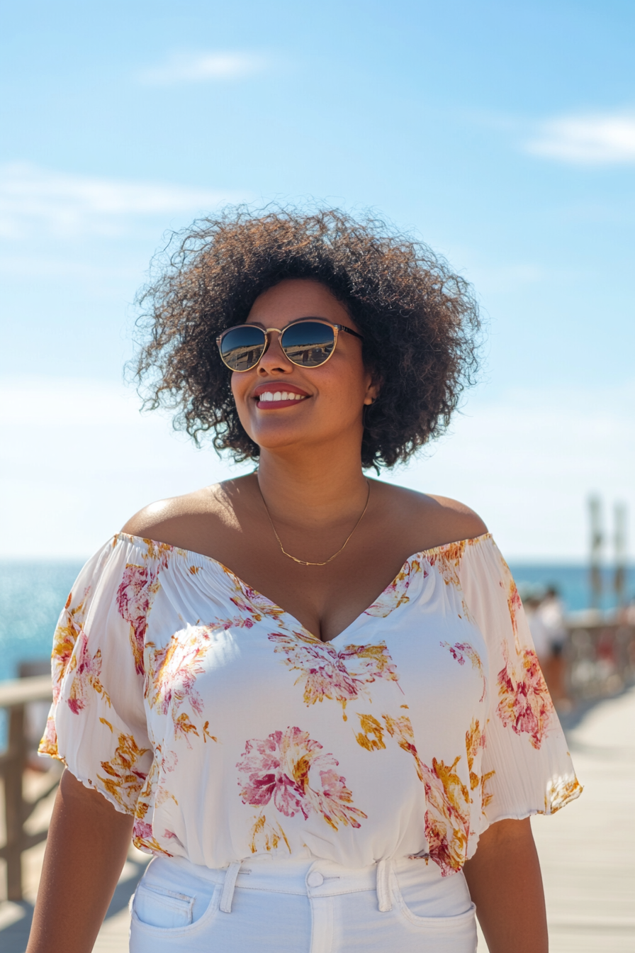 36 years old woman with a Classic Bob, make a photosession on a seaside boardwalk.