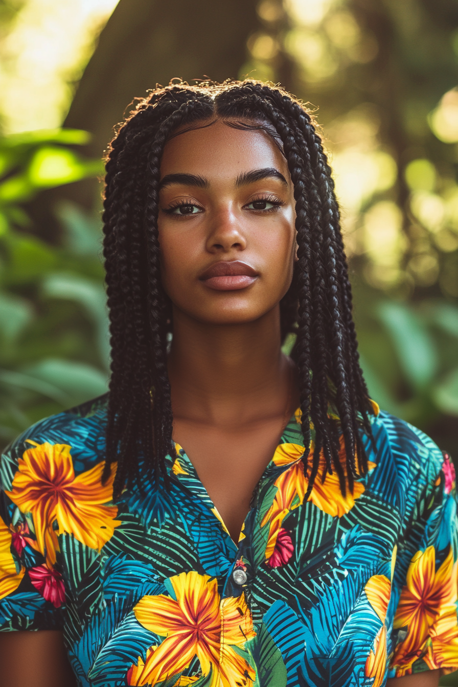 28 years old black woman, with Goddess Braids, make a photosession in a park.