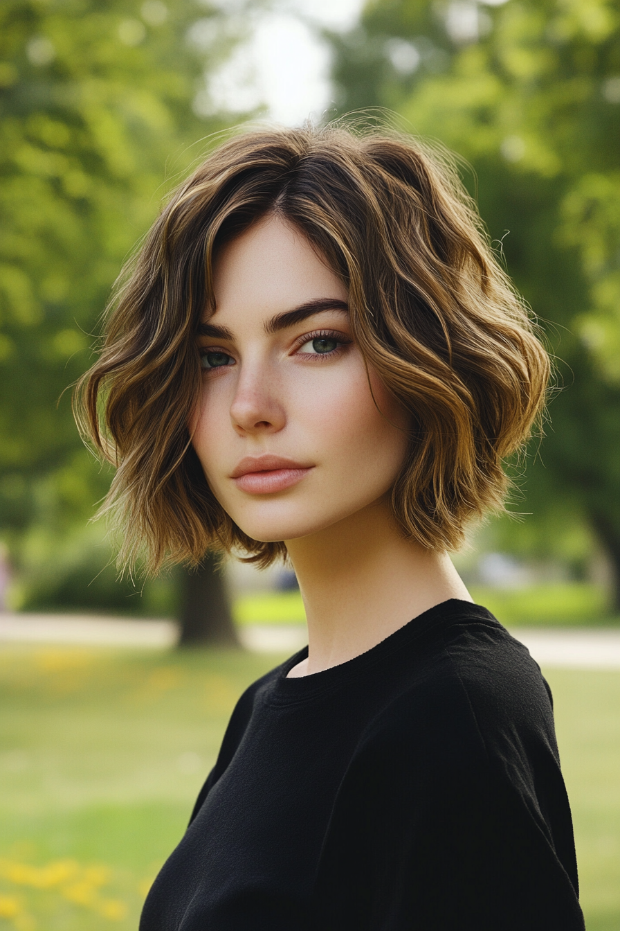 27 years old woman with a Shaggy Bob, make a photosession in a park.