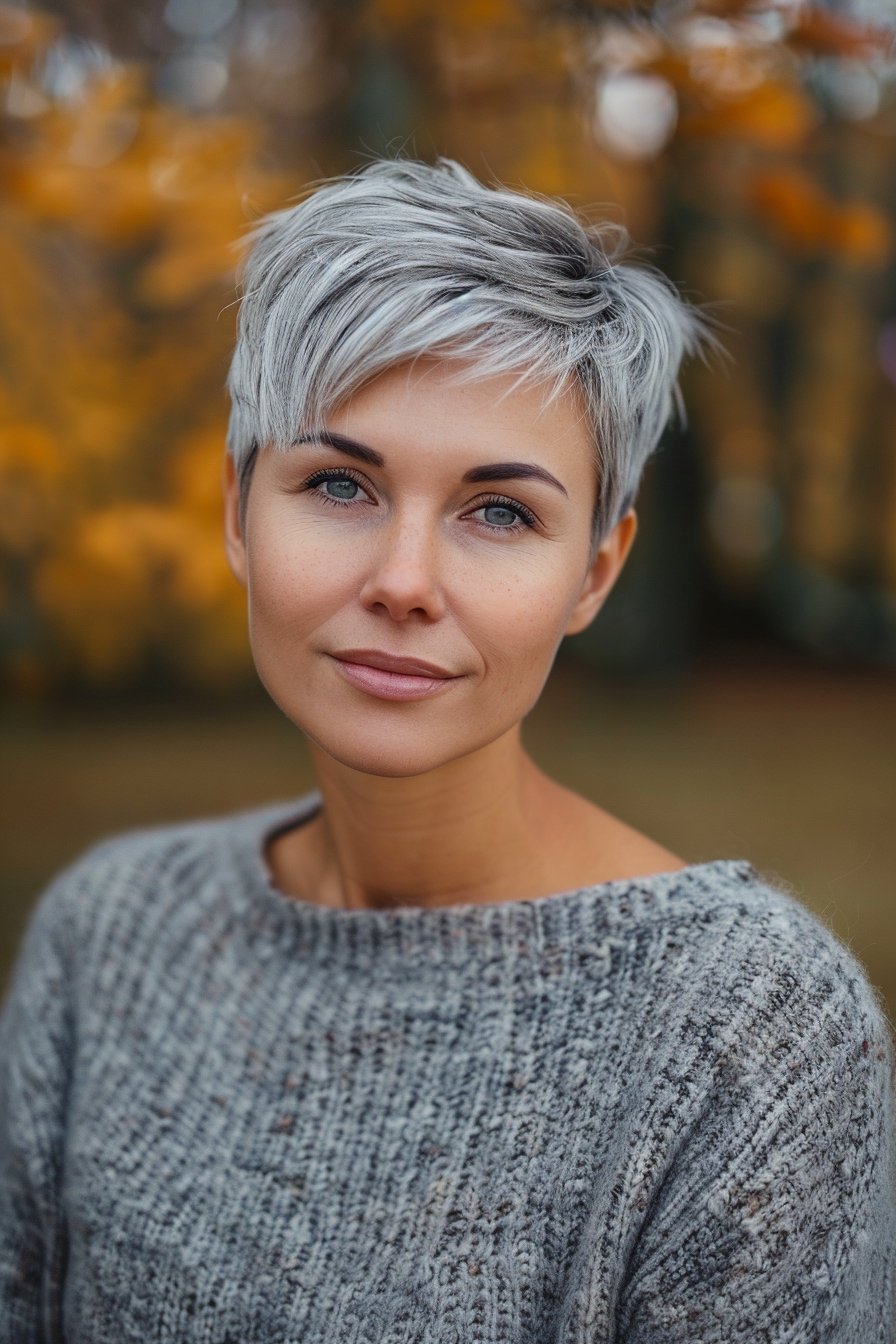 32 years old woman with a Salt and Pepper Pixie, make a photosession in a fall park.