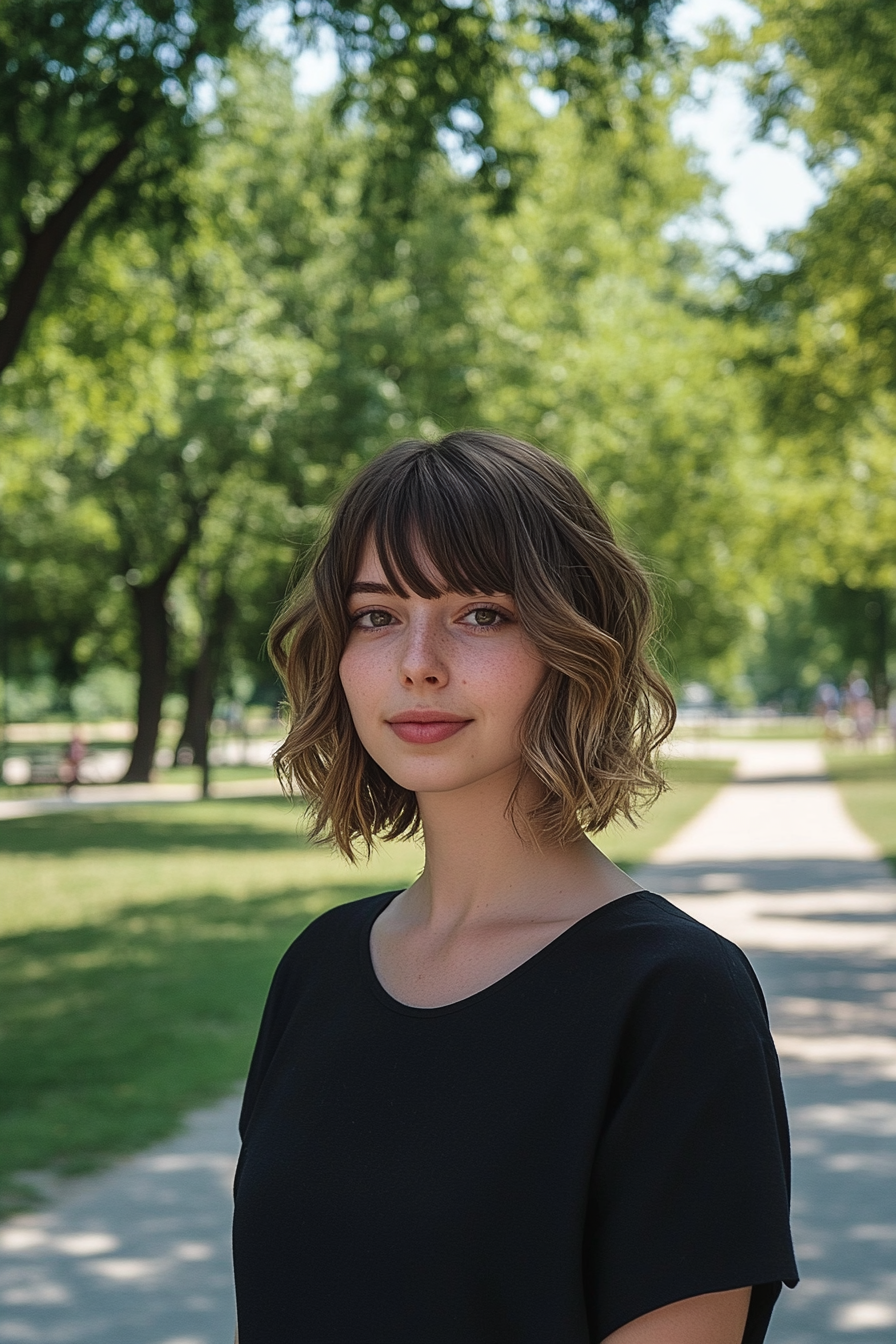 29 years old woman with a Short Wavy Shag with Bangs, make a photosession in a park.