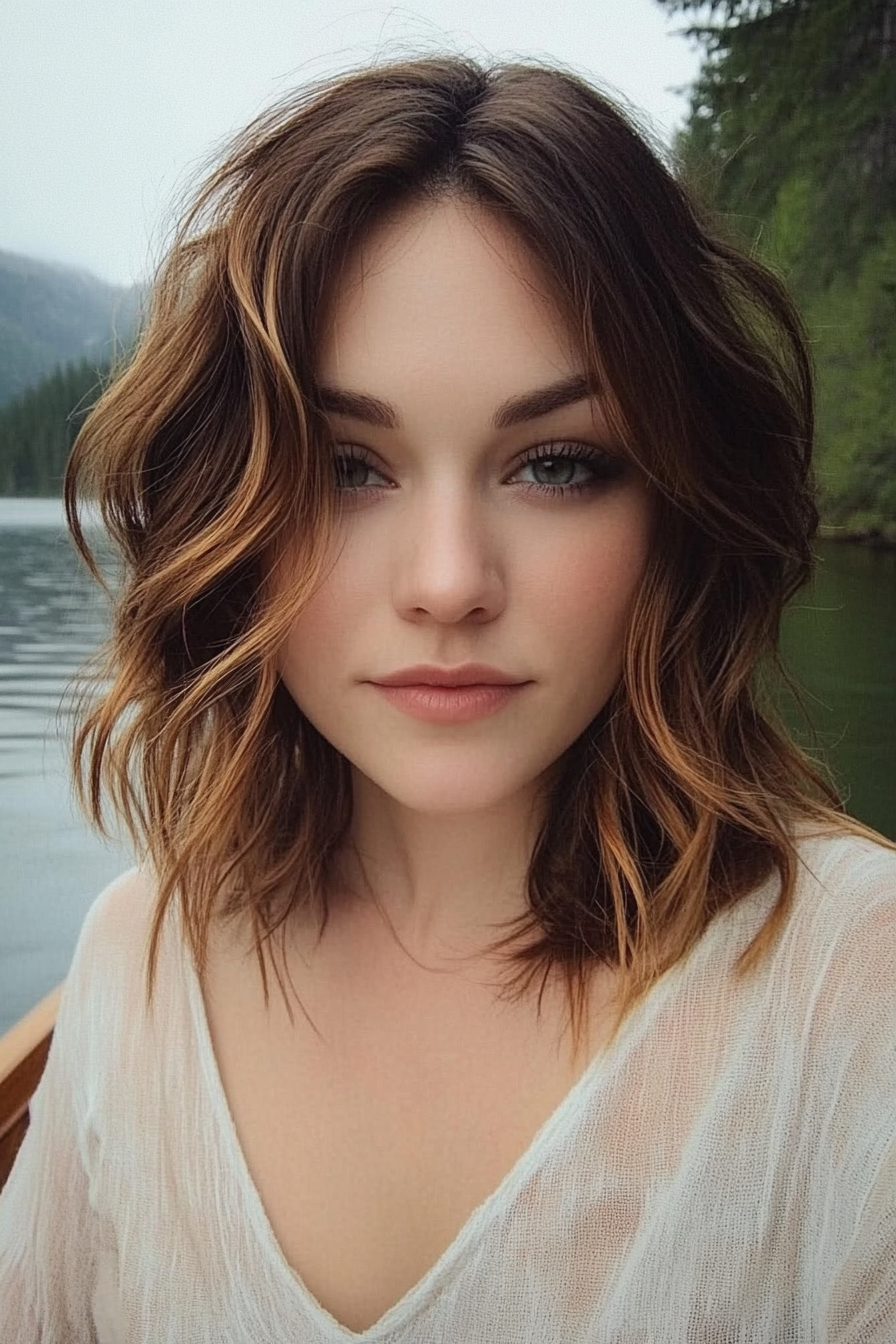 28 years old woman with a Deep Side Part, make a photosession sitting casually in a boat on a calm lake surrounded by trees and distant mountains.