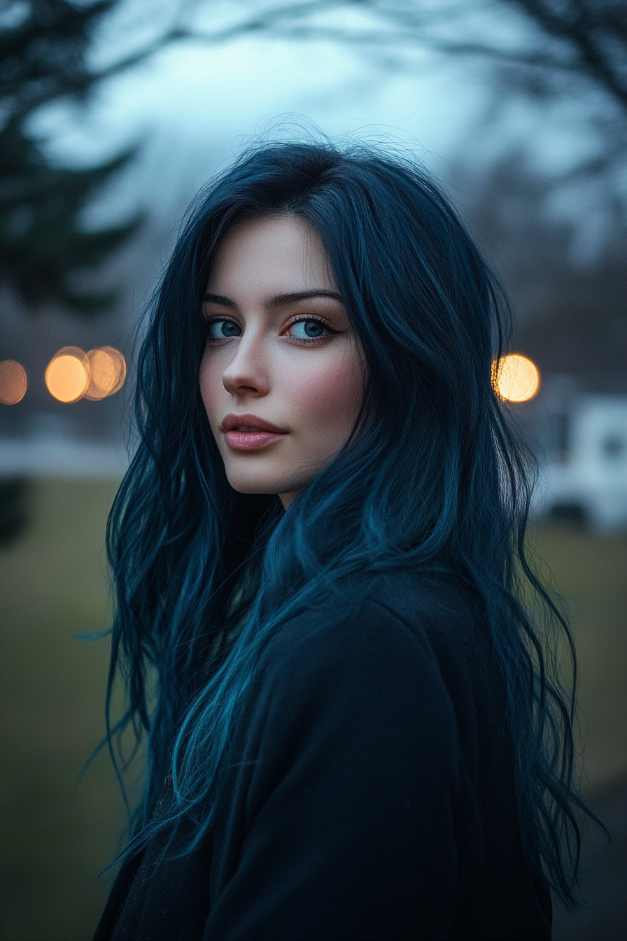 29 years old woman with a Midnight Blue Lushness, make a photosession in a park.