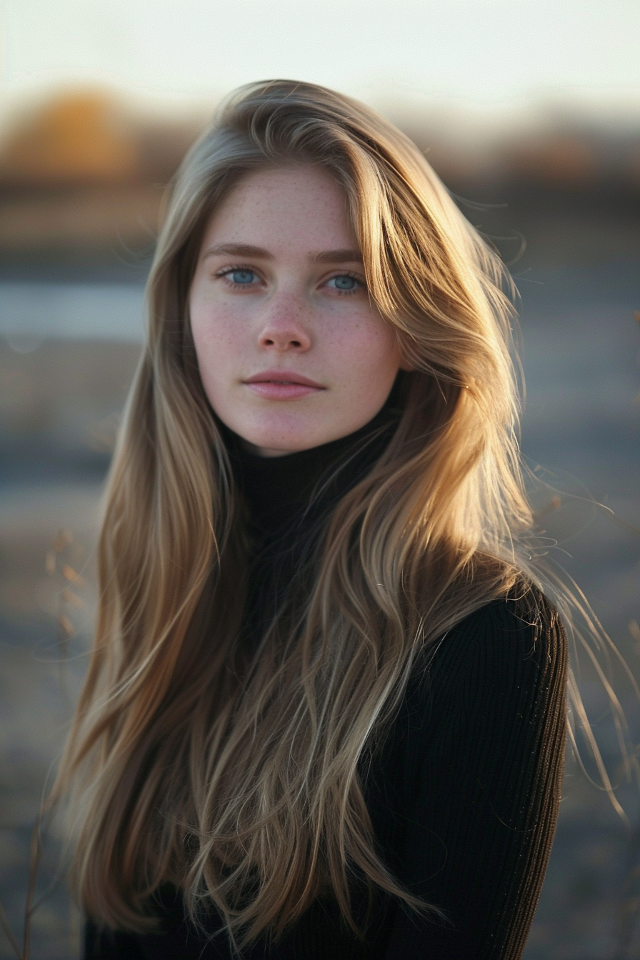 27 years old woman with a Straight Long Hair Soft Layers, make a photosession in a park.