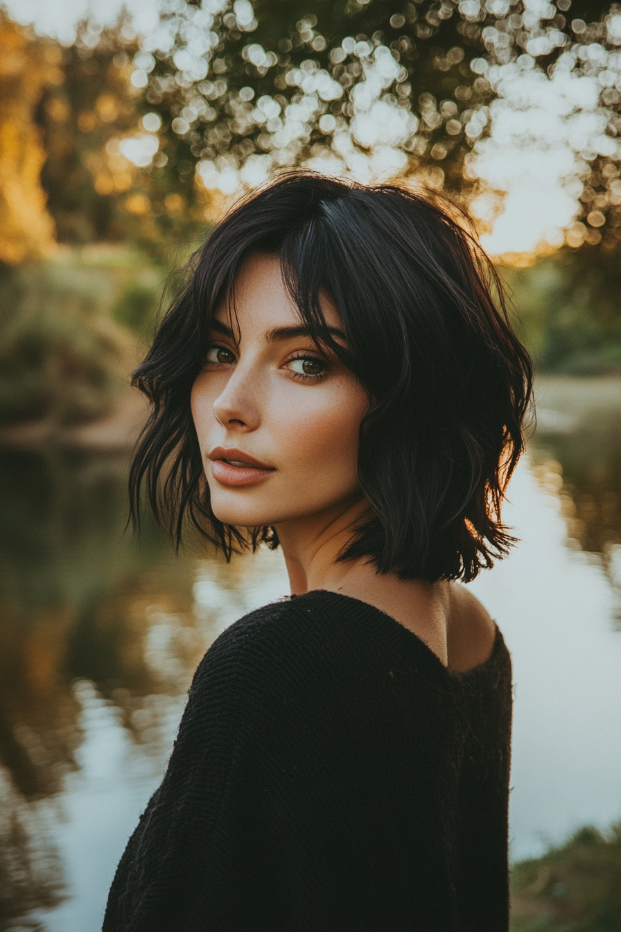 31 years old woman with an Asymmetrical Bob, make a photosession at a quiet riverside with trees reflected in the water and soft light filtering through.