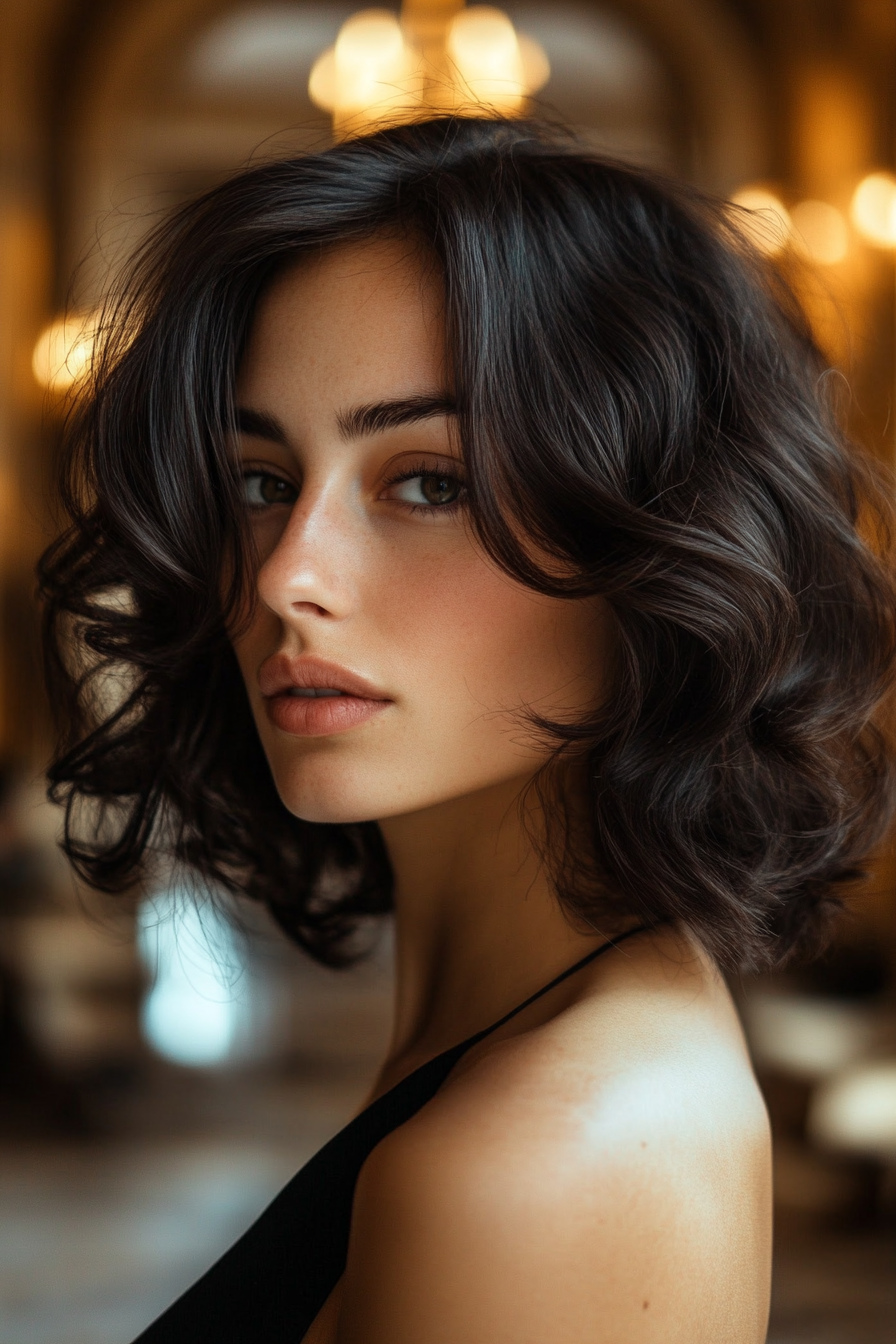 29 years old woman with a Voluminous Curls, make a photosession in a hotel lobby.