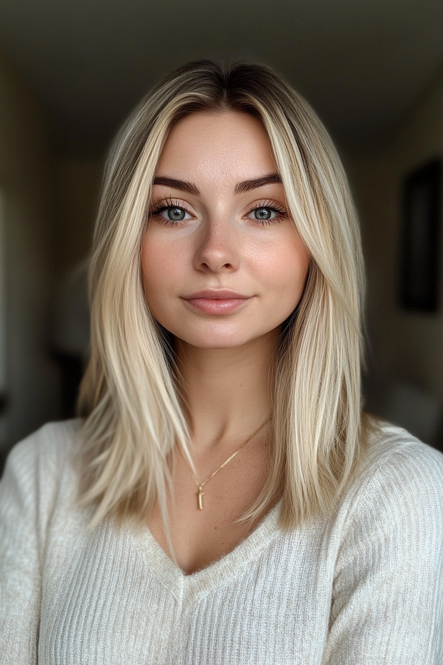 30 years old woman with a Textured Lob, make a photosession in a casual room.