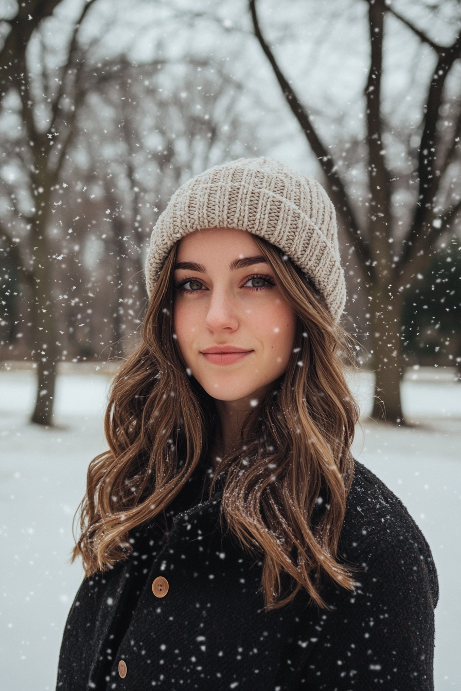 28 years old woman with a Textured Waves with Beanie, make a photosession in the winter forest.