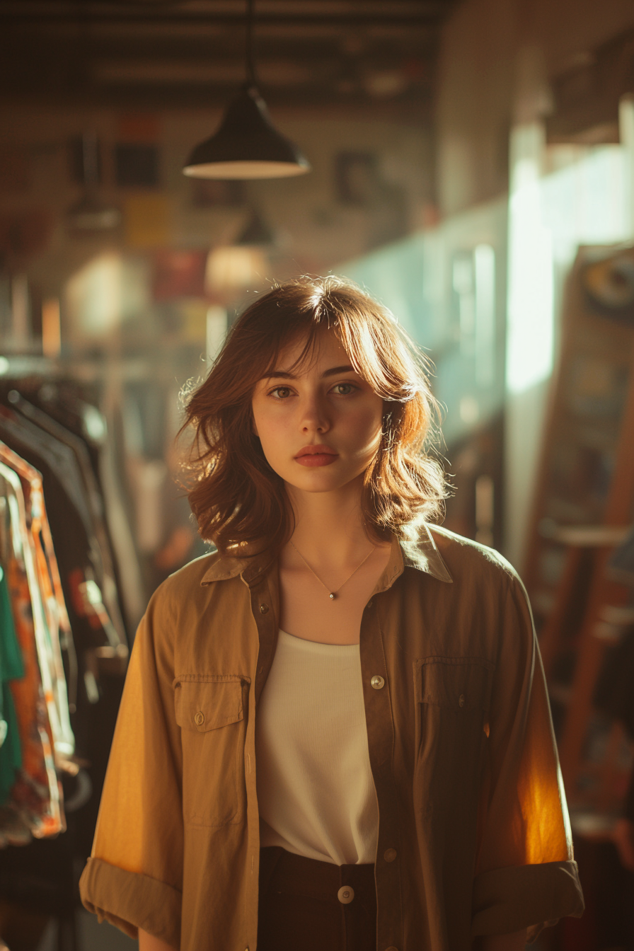 28 years old woman with a Flipped Ends, make a photosession in a vintage boutique.