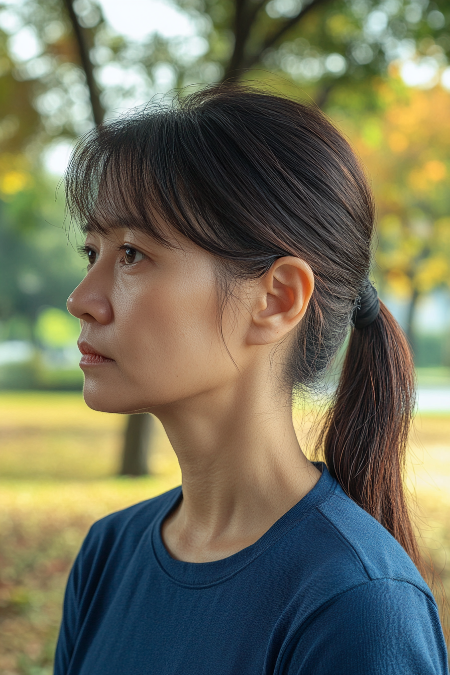 46 years old woman with a Tied Up Fringe Ponytail, make a photosession in a park.