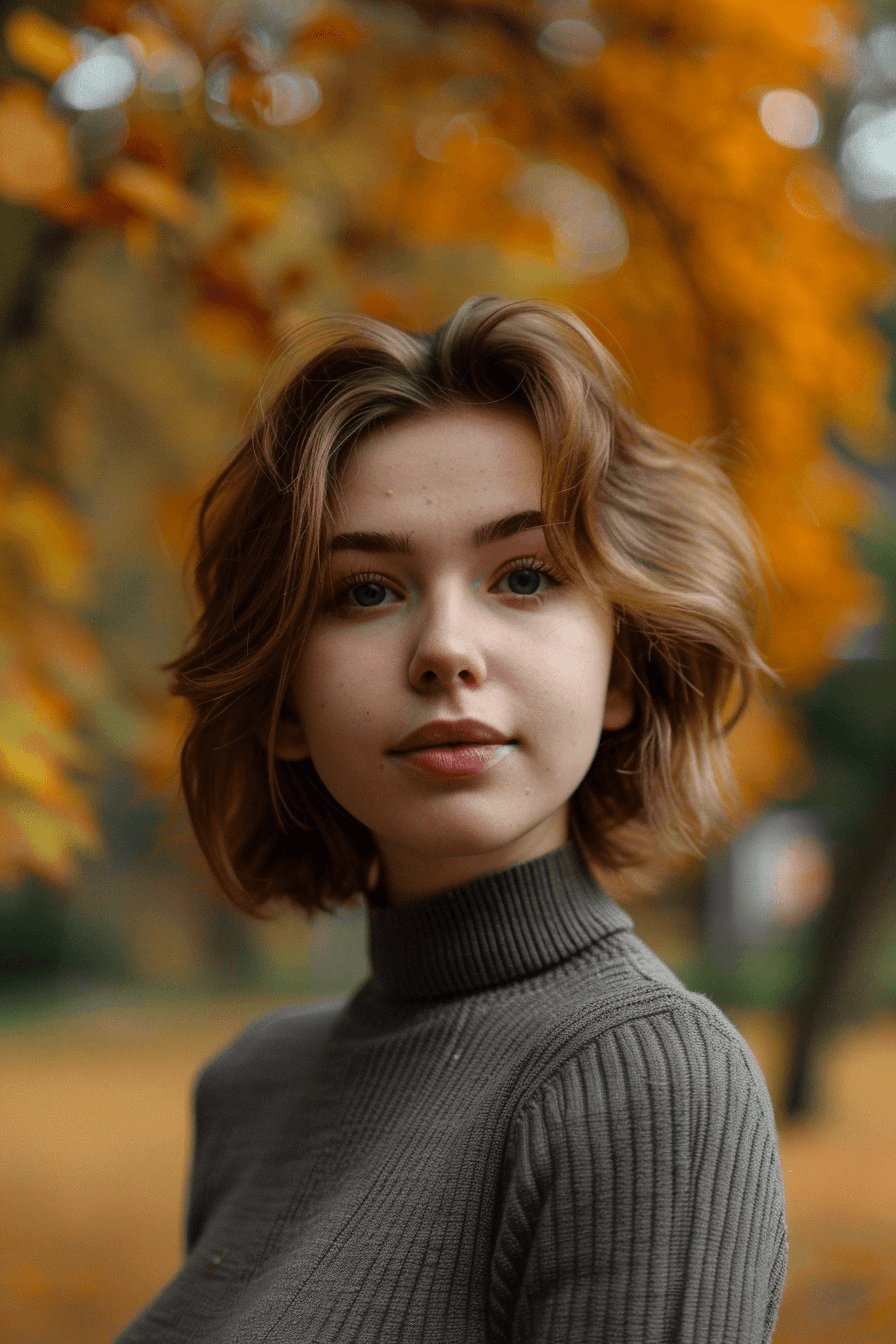 24 years old woman with a Soft Waves, make a photosession in a fall park.