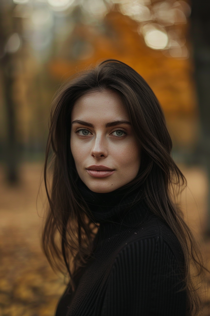 35years old woman with a Long Crop, make a photosession in a park .