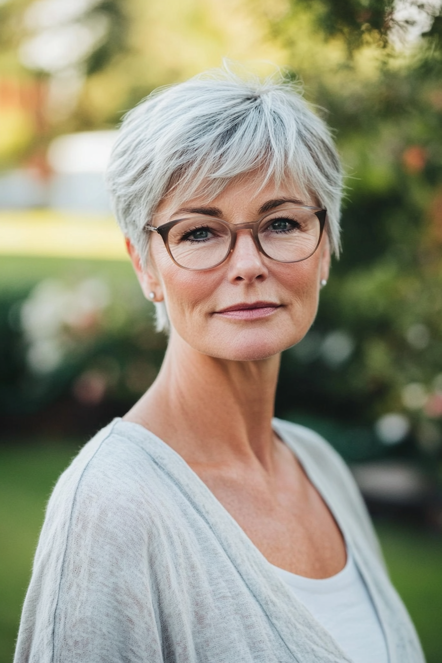 67 years old woman with a Long Pixie Cut with Layers, make a photosession in a backyard.