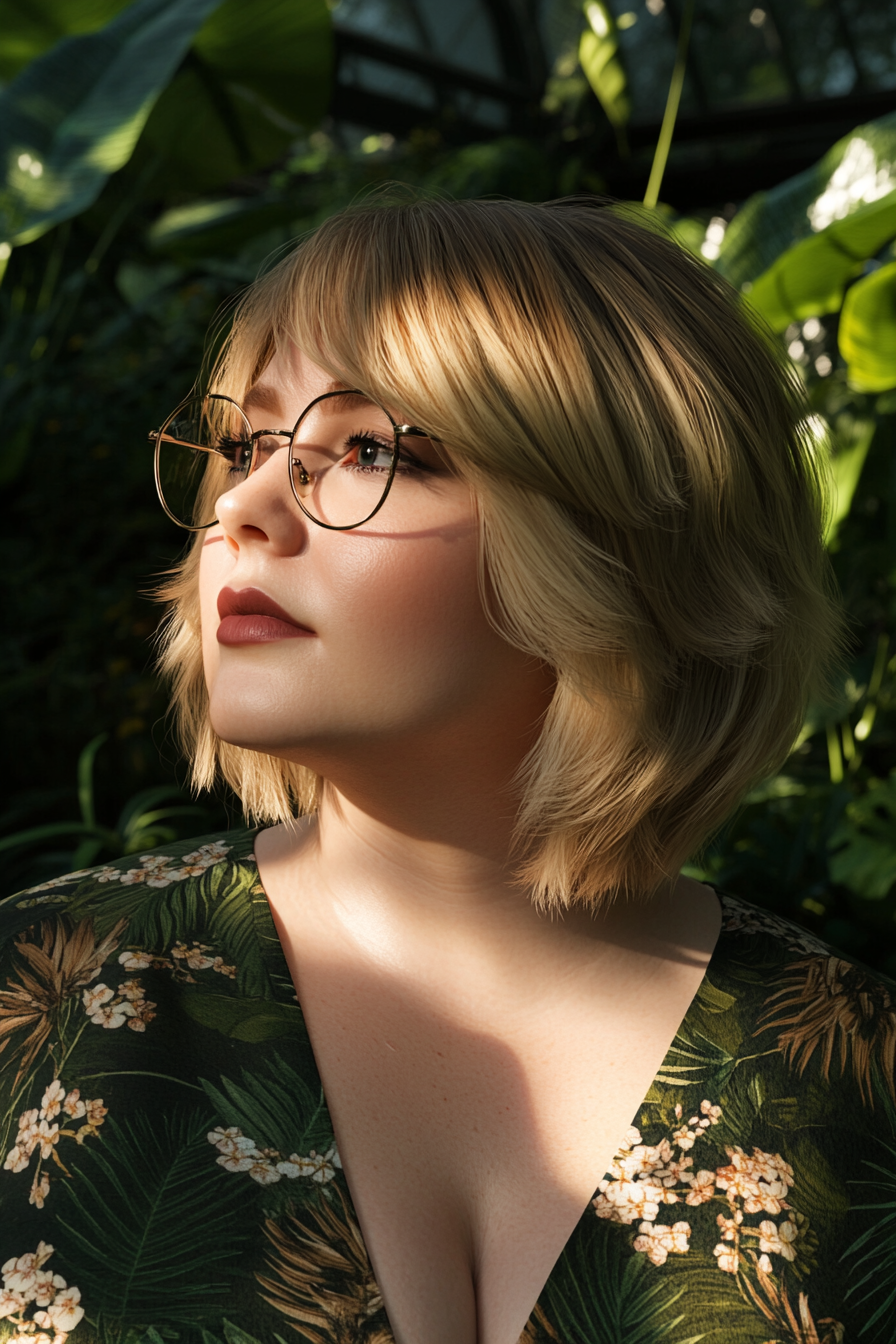 28 years old woman with a Shaggy Bob, make a photosession in a garden.