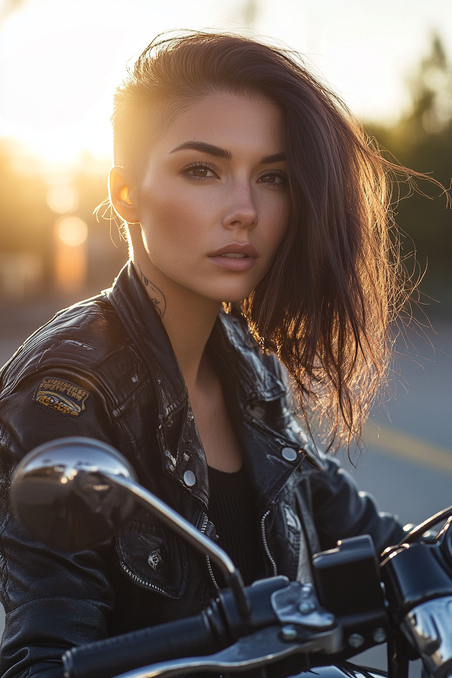 27 years old woman with a Disconnected Undercut, make a photosession on a motorcycle.