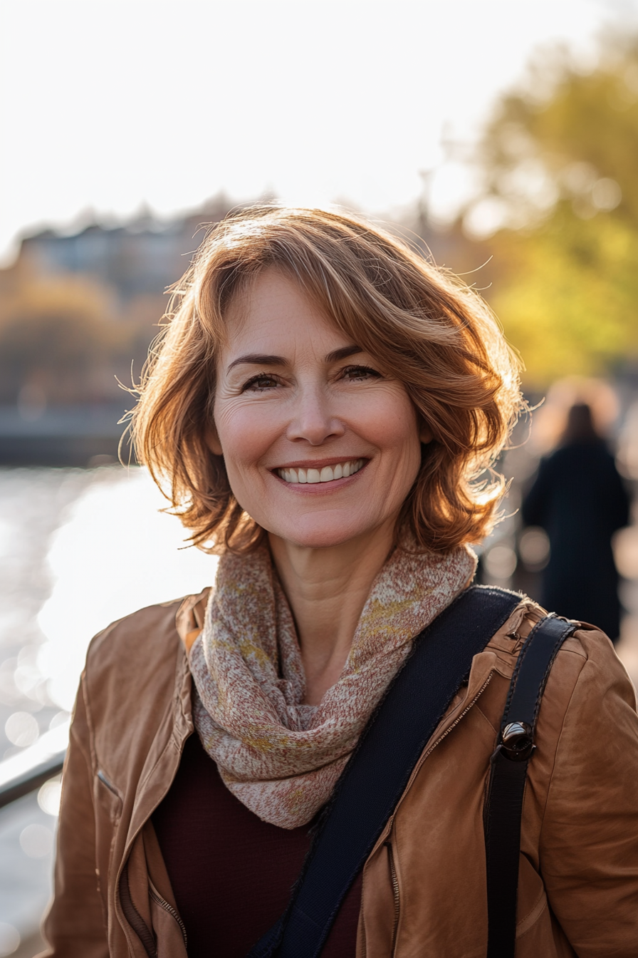 44 years old woman with a Short Crop with Highlights, make photosession in a park.