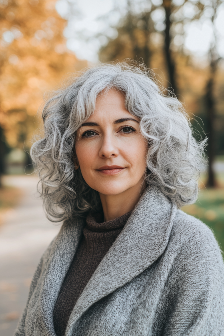 54 years old woman with a Chic Grey Curls with Fringe, make a photosession in a park.