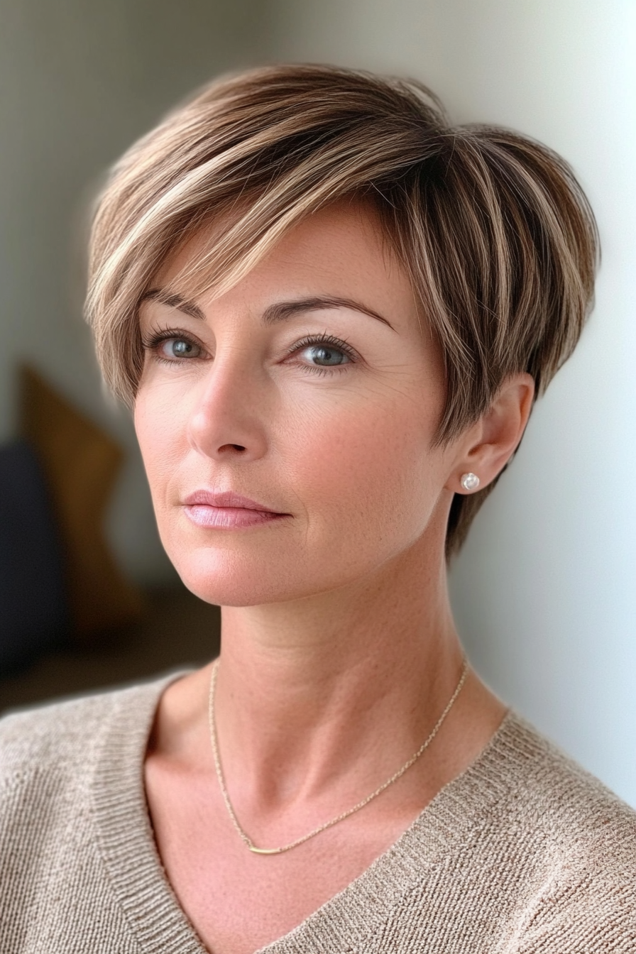 38 years old woman with a Side-Swept Pixie, make a photosession at home.