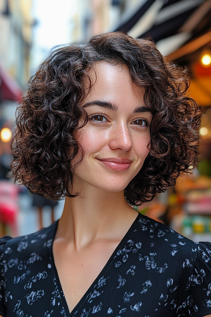 30 years old woman with a Curly Bob, make a photosession in a quiet street market with colorful stalls and bright natural light.