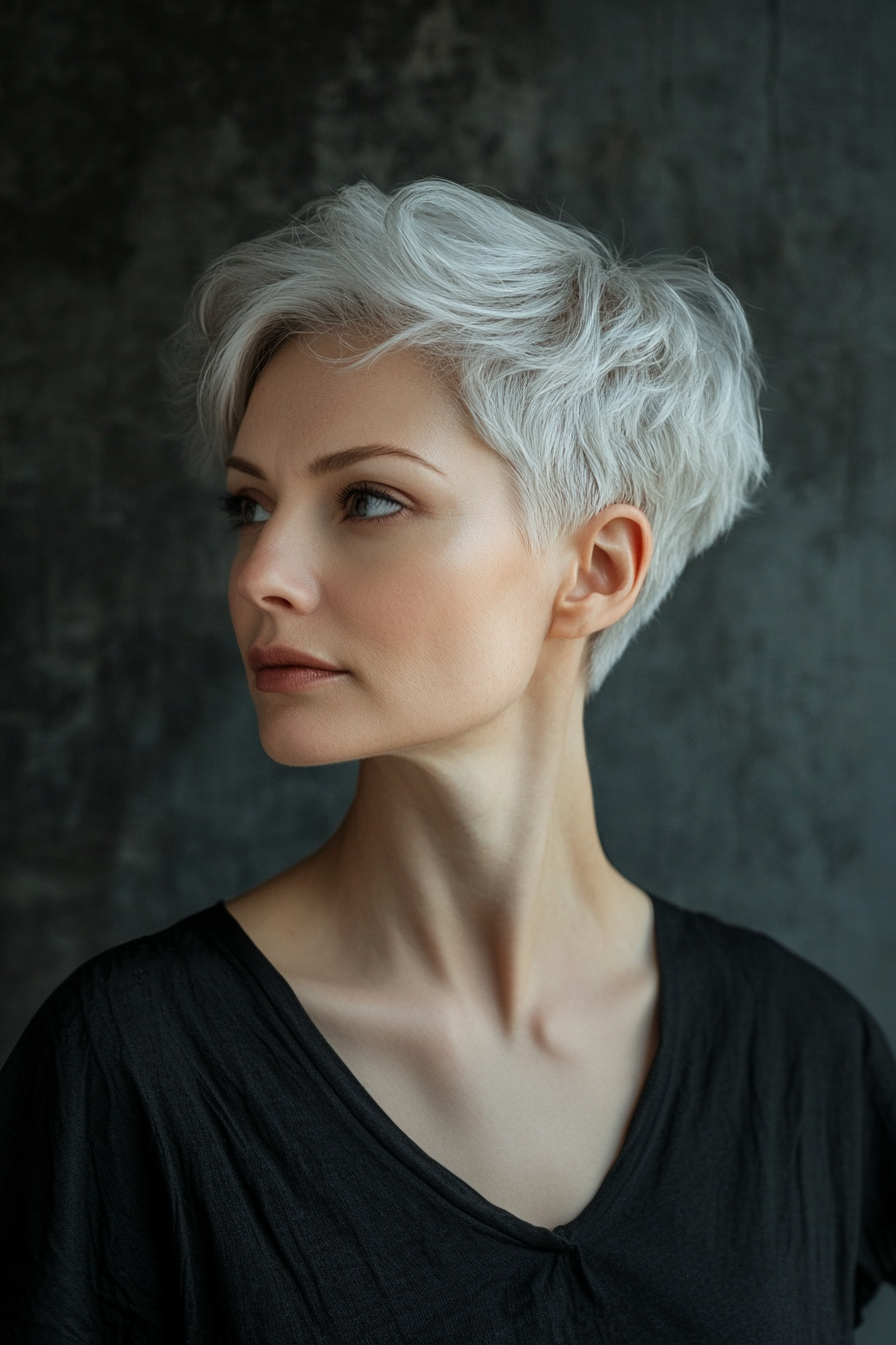 37 years old woman with a Pixie with Finger Waves, make a photosession in a studio.