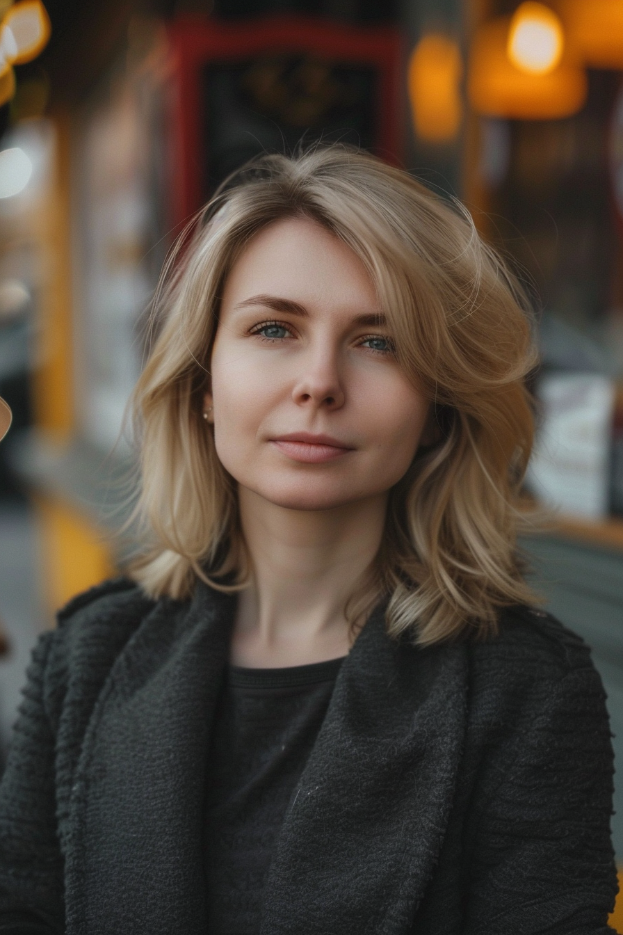 33 years old woman with a Medium Layered Curls , make a photosession in a cafe