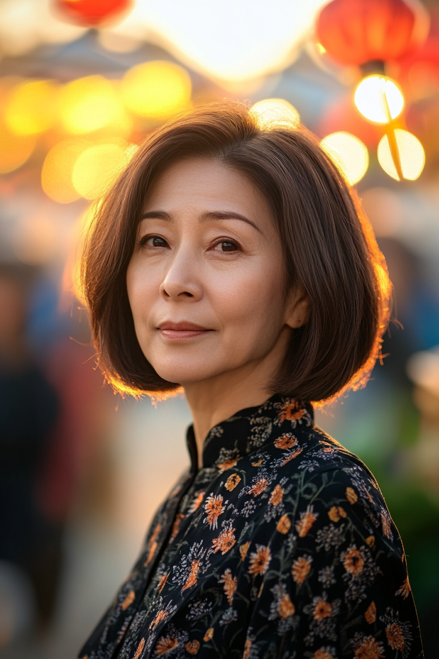 47 years old woman with a Feathered Inverse Bob, make a photosession at chinese festival.