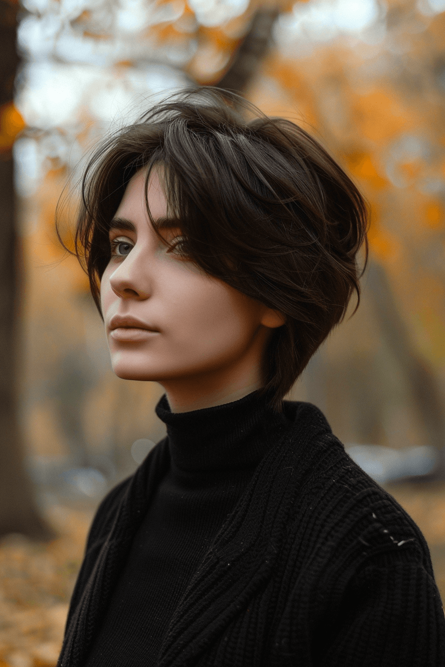 25 years old woman with a Blunt Cut, make a photosession in a fall park.