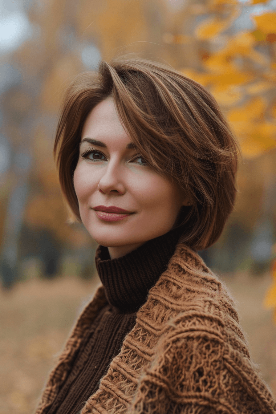 28 years old woman with a Shaggy Lob, make a photosession in a fall park.