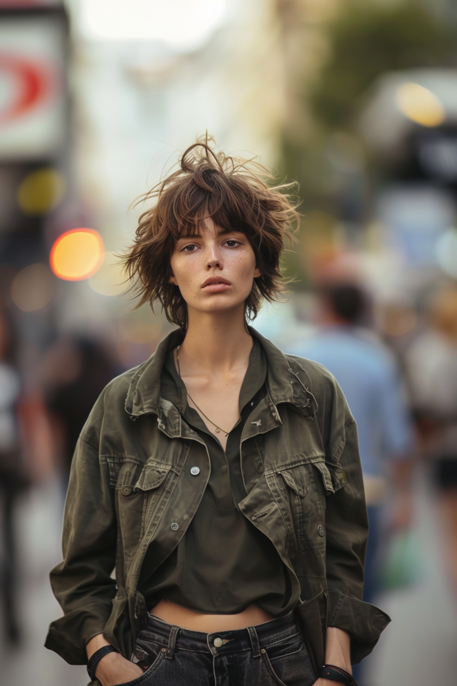 27 years old woman with a Short Shag with Choppy Bangs, make a photosession in a street.