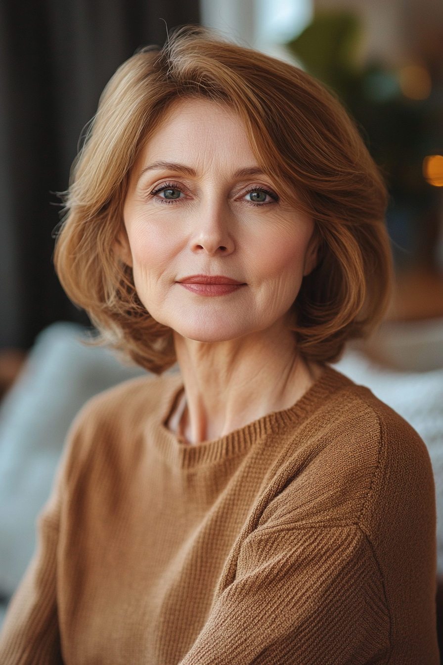 46 years old woman with a Chin-Length Bob, make a photosession in the living room.