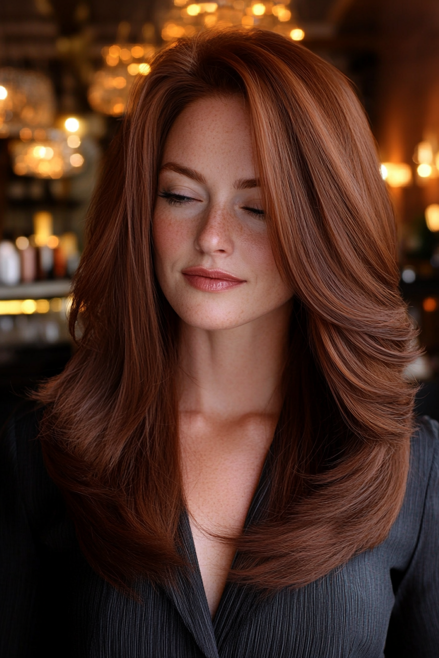 36 years old woman with a Glamorous Blowout, make a photosession in a cocktail lounge.