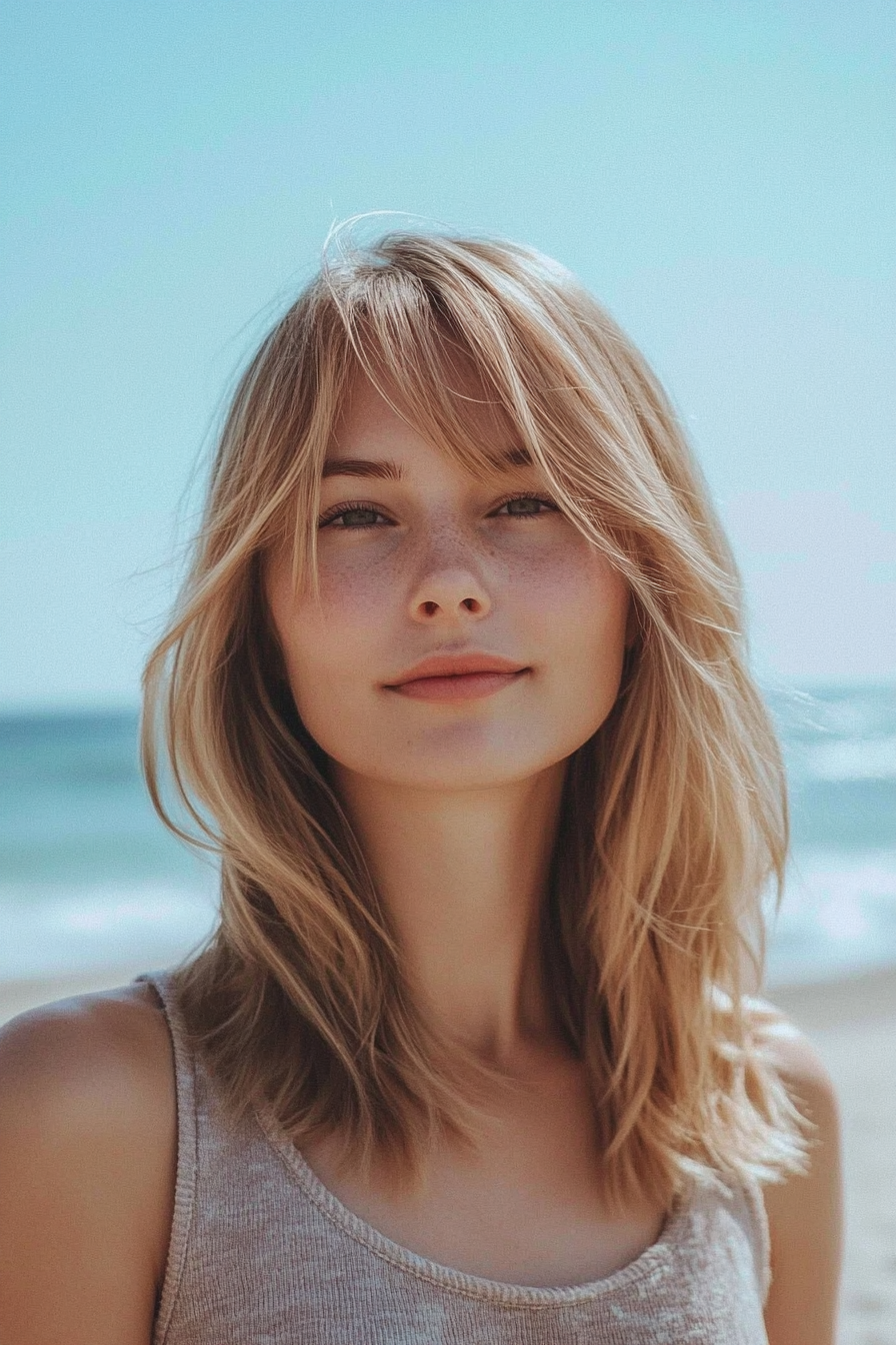 28 years old woman with a Summer-Ready Wavy Lob with Curtain Bangs, make a photosession on a bright summer beach with soft sand, clear blue skies, and gentle waves.