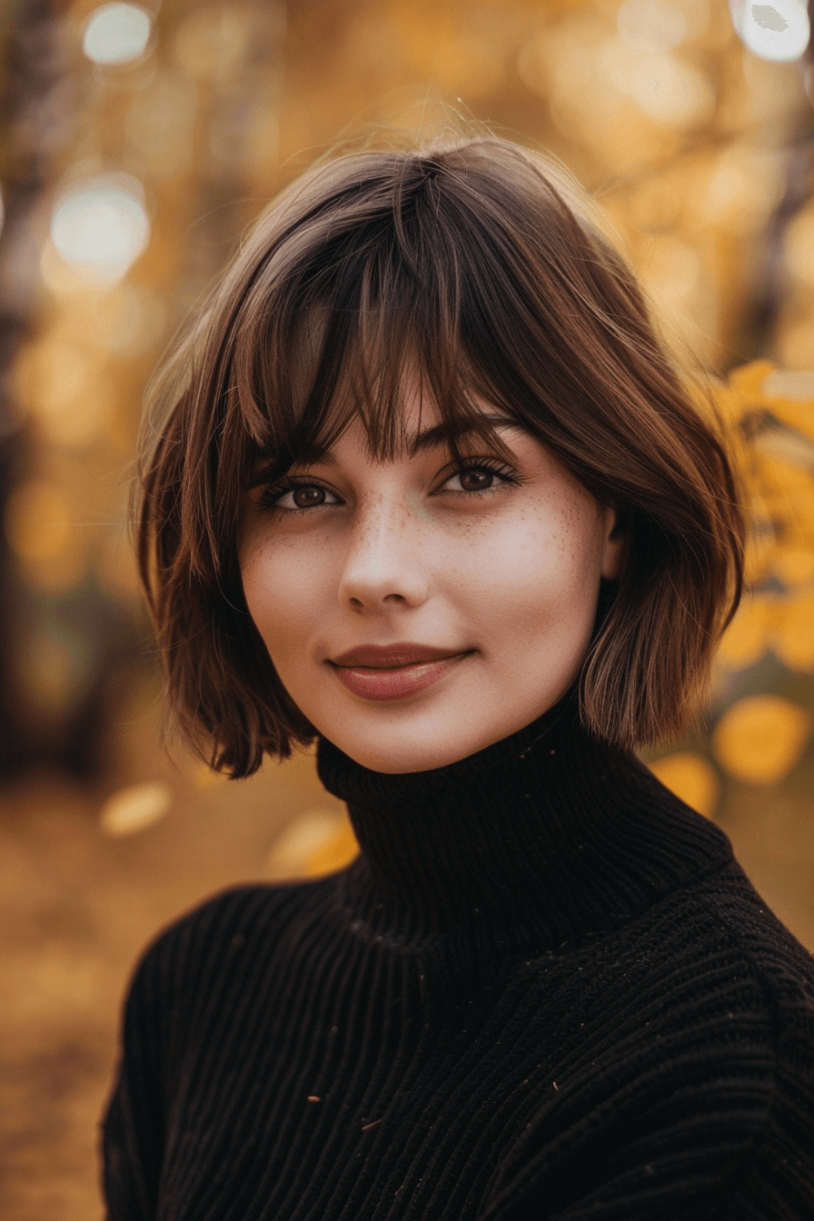 35years old woman with a Rounded Bob With Nape Undercut, make a photosession in a park.