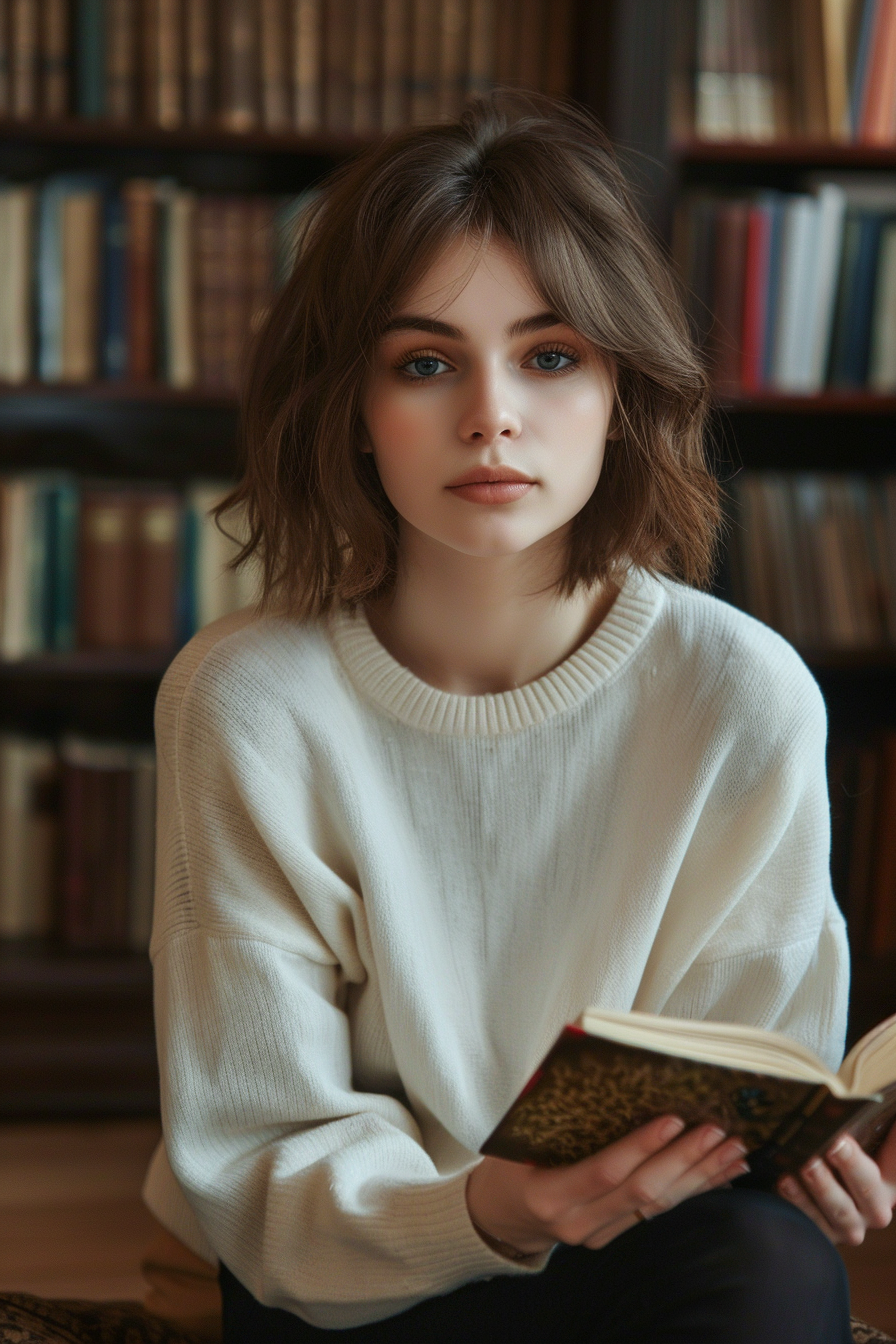 25 years old woman with a Bob with Middle Part, make a photosession in a library.