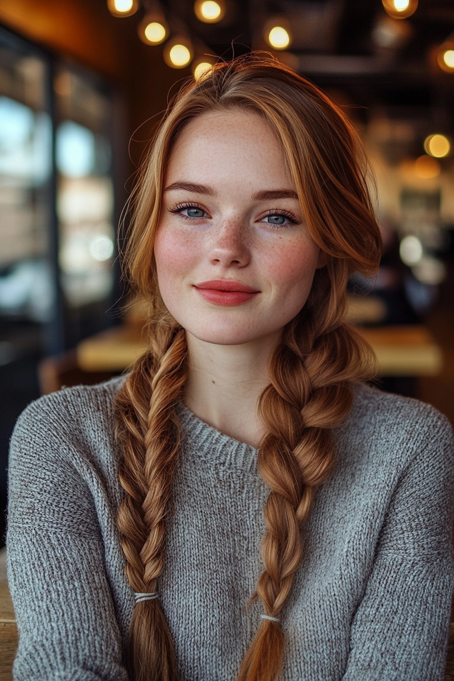 27 years old woman with a  Double Braids, make a photosession in a simple café.