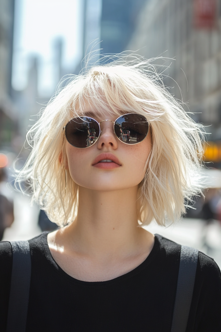 27 year old woman with Textured Bangs and Lob, make a photosession in a street.