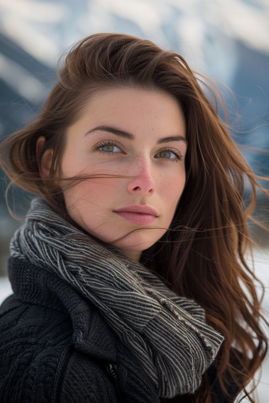 32 years old woman with a Long Layers, make a photosession in a mountains.