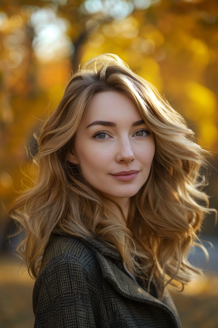 32 years old woman with a Golden Waves Cascading, make a photosession in a fall park.