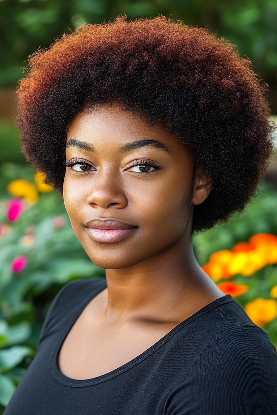 36 years old black woman with a Short Afro with Colored Tips, make a photosession in a garden.