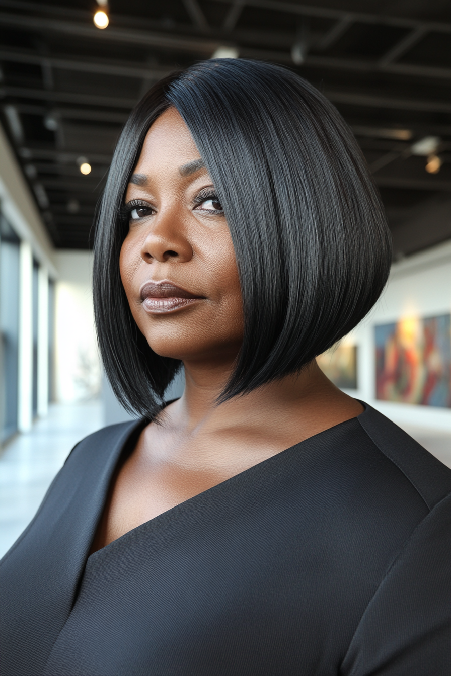 45 years old woman with a Angled Bob, make a photosession in the gallery.