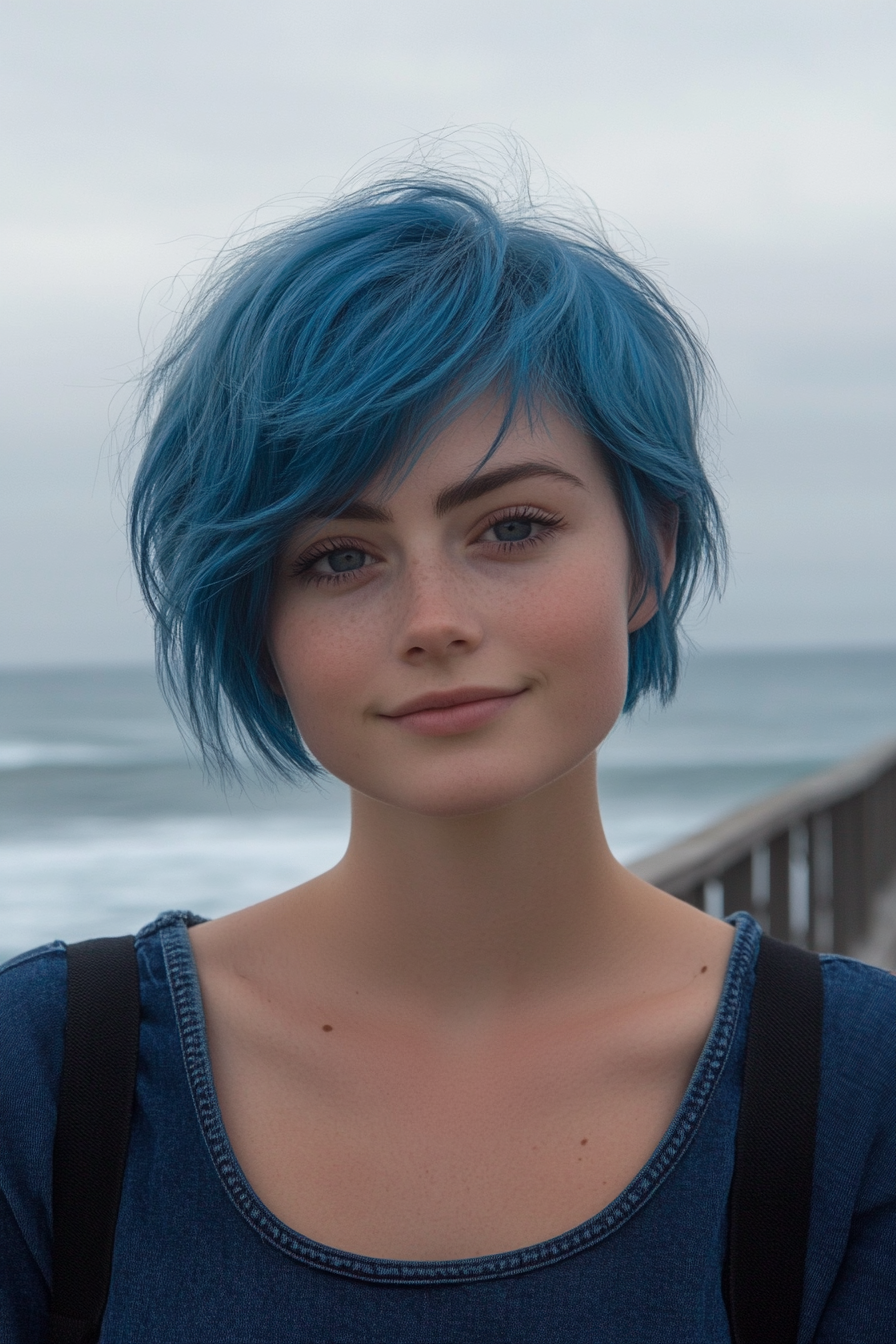 28 years old woman with an Ocean Blue Pixie with Feathered Layers, make a photosession on a coastal boardwalk with the ocean waves gently crashing in the background.