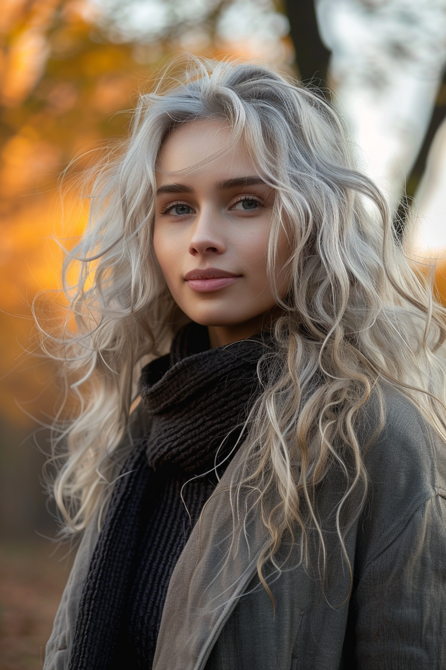 24 years old woman with a Lovely Waves and Curls, make a photosession in a fall park.