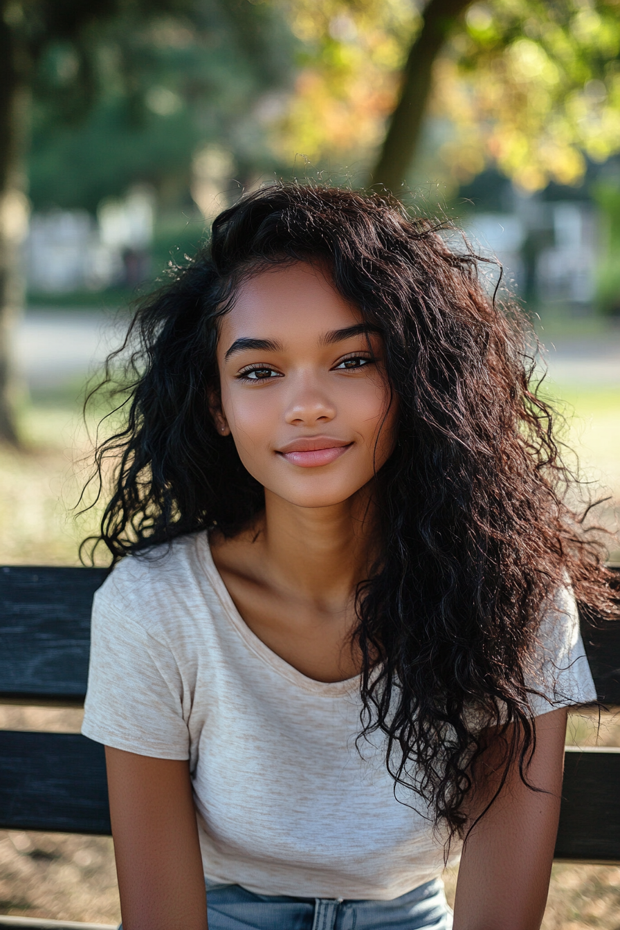 22 years old black woman, with Long Waves, make a photosession in a park.